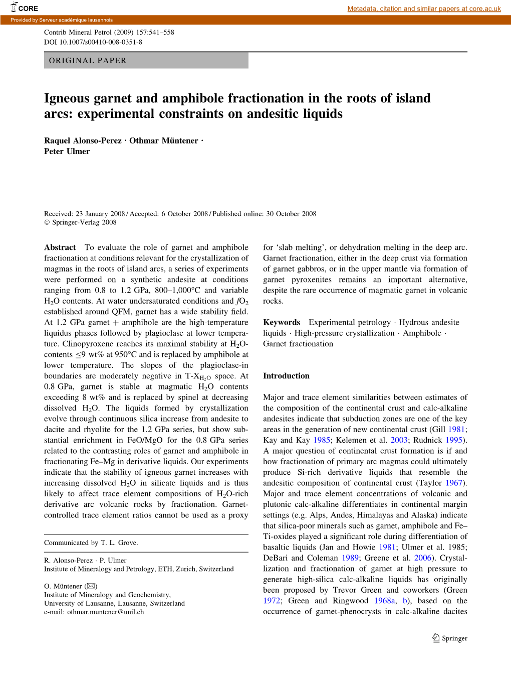 Igneous Garnet and Amphibole Fractionation in the Roots of Island Arcs: Experimental Constraints on Andesitic Liquids