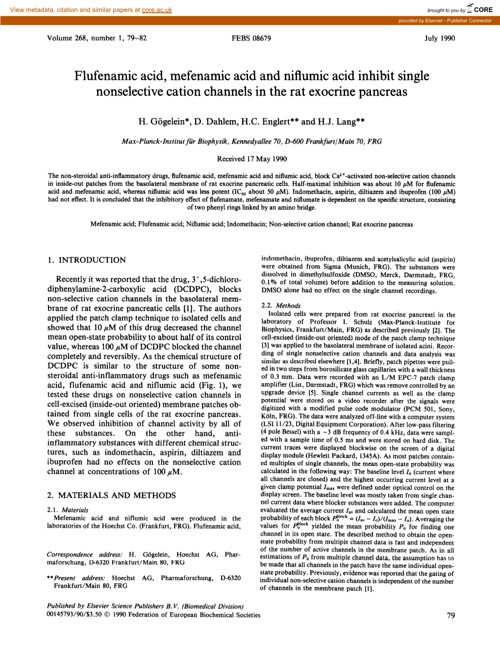 Flufenamic Acid, Mefenamic Acid and Niflumic Acid Inhibit Single Nonselective Cation Channels in the Rat Exocrine Pancreas