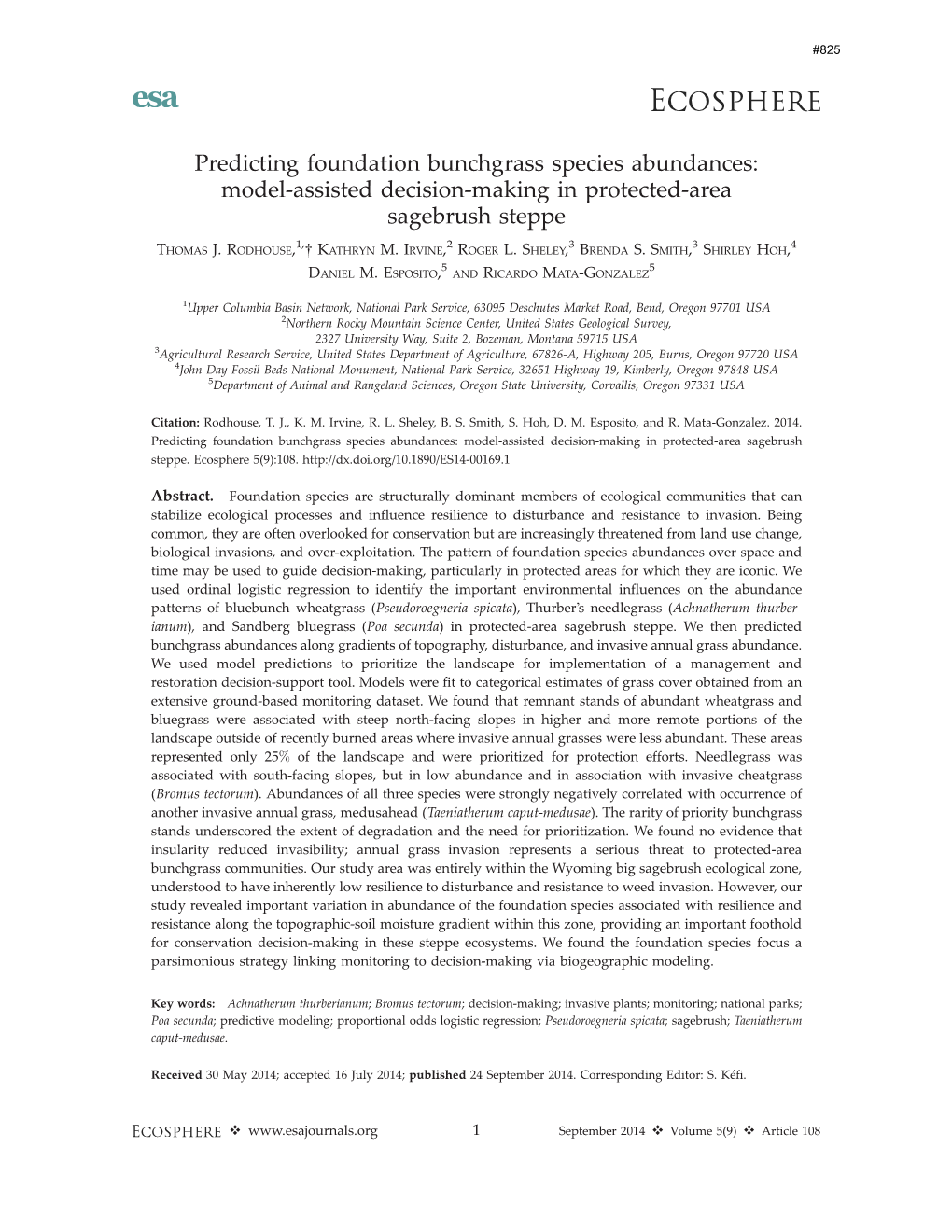 Predicting Foundation Bunchgrass Species Abundances: Model-Assisted Decision-Making in Protected-Area Sagebrush Steppe 1, 2 3 3 4 THOMAS J