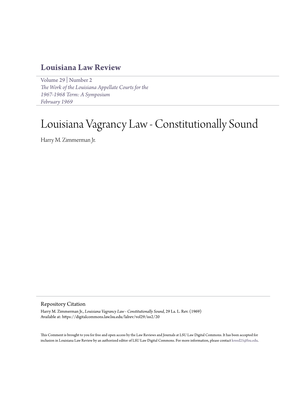 Louisiana Vagrancy Law - Constitutionally Sound Harry M