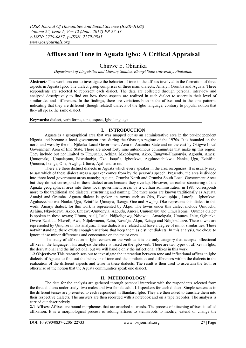 Affixes and Tone in Aguata Igbo: a Critical Appraisal