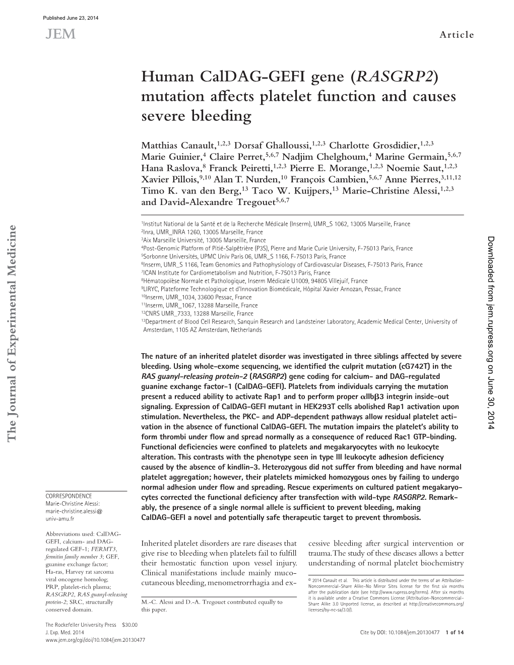 (RASGRP2) Mutation Affects Platelet Function and Causes Severe Bleeding