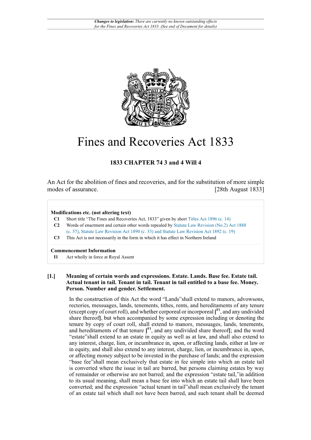 Fines and Recoveries Act 1833