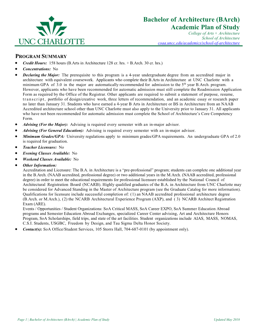 Bachelor of Architecture (Barch) Academic Plan of Study College of Arts + Architecture School of Architecture Coaa.Uncc.Edu/Academics/School-Of-Architecture