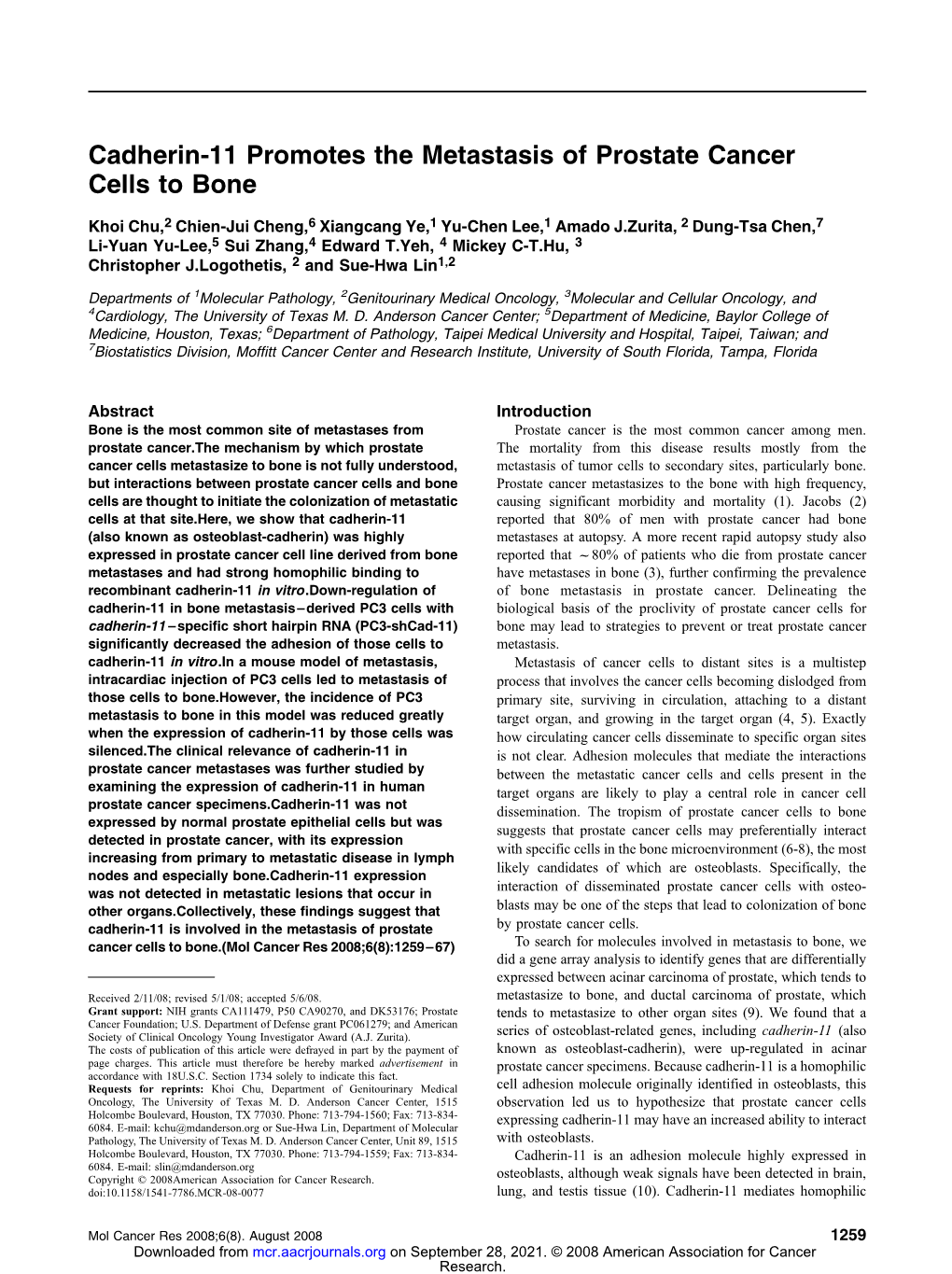 Cadherin-11 Promotes the Metastasis of Prostate Cancer Cells to Bone