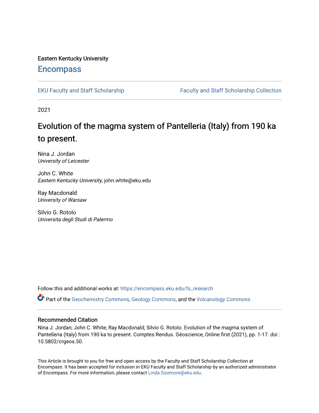 Evolution of the Magma System of Pantelleria (Italy) from 190 Ka to Present