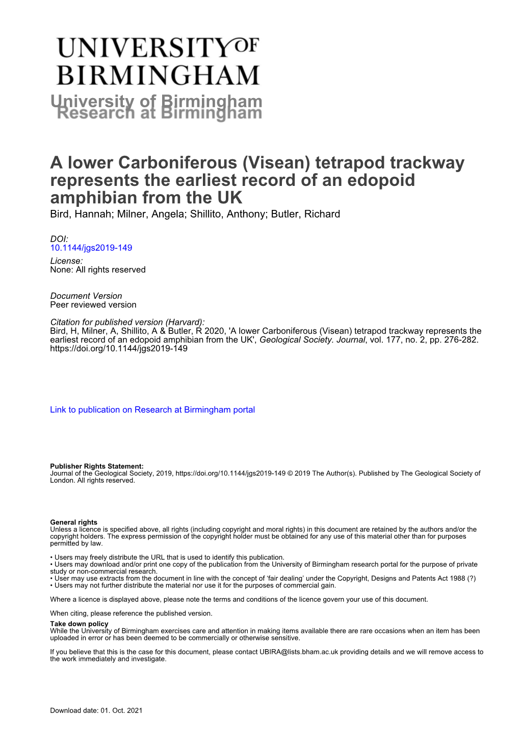 University of Birmingham a Lower Carboniferous (Visean)