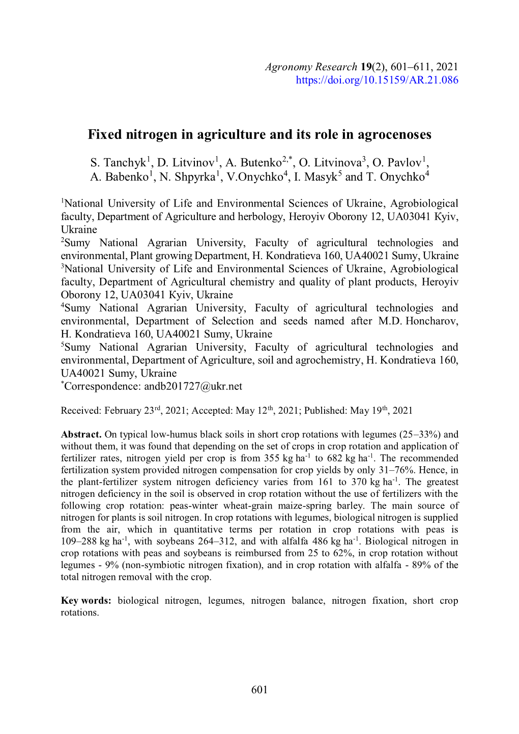 Fixed Nitrogen in Agriculture and Its Role in Agrocenoses