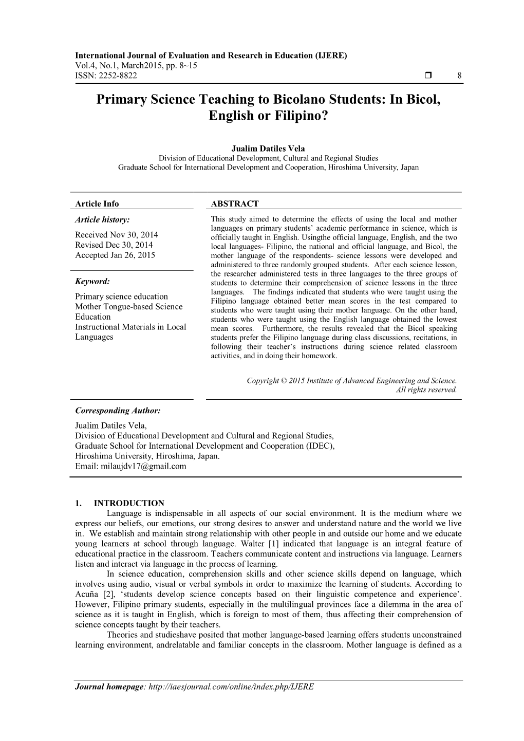 Primary Science Teaching to Bicolano Students: in Bicol, English Or Filipino?