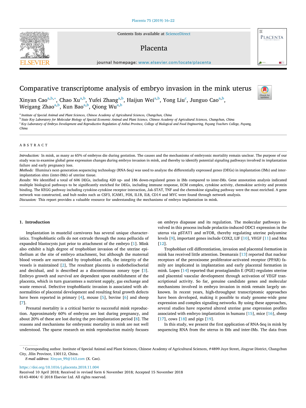 Comparative Transcriptome Analysis of Embryo Invasion in the Mink Uterus