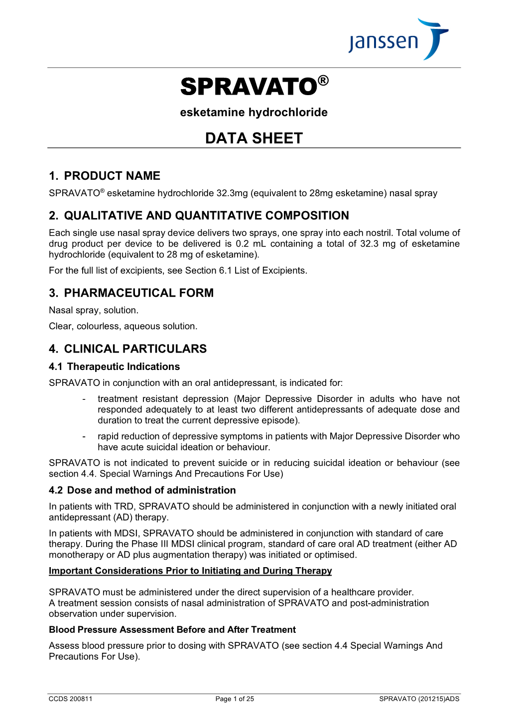 SPRAVATO® Esketamine Hydrochloride DATA SHEET