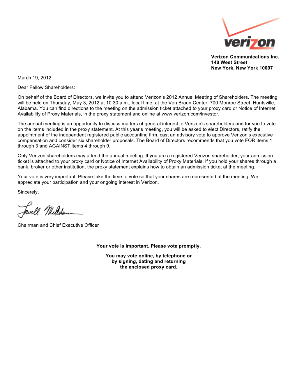 On Behalf of the Board of Directors, We Invite You to Attend Verizon’S 2012 Annual Meeting of Shareholders