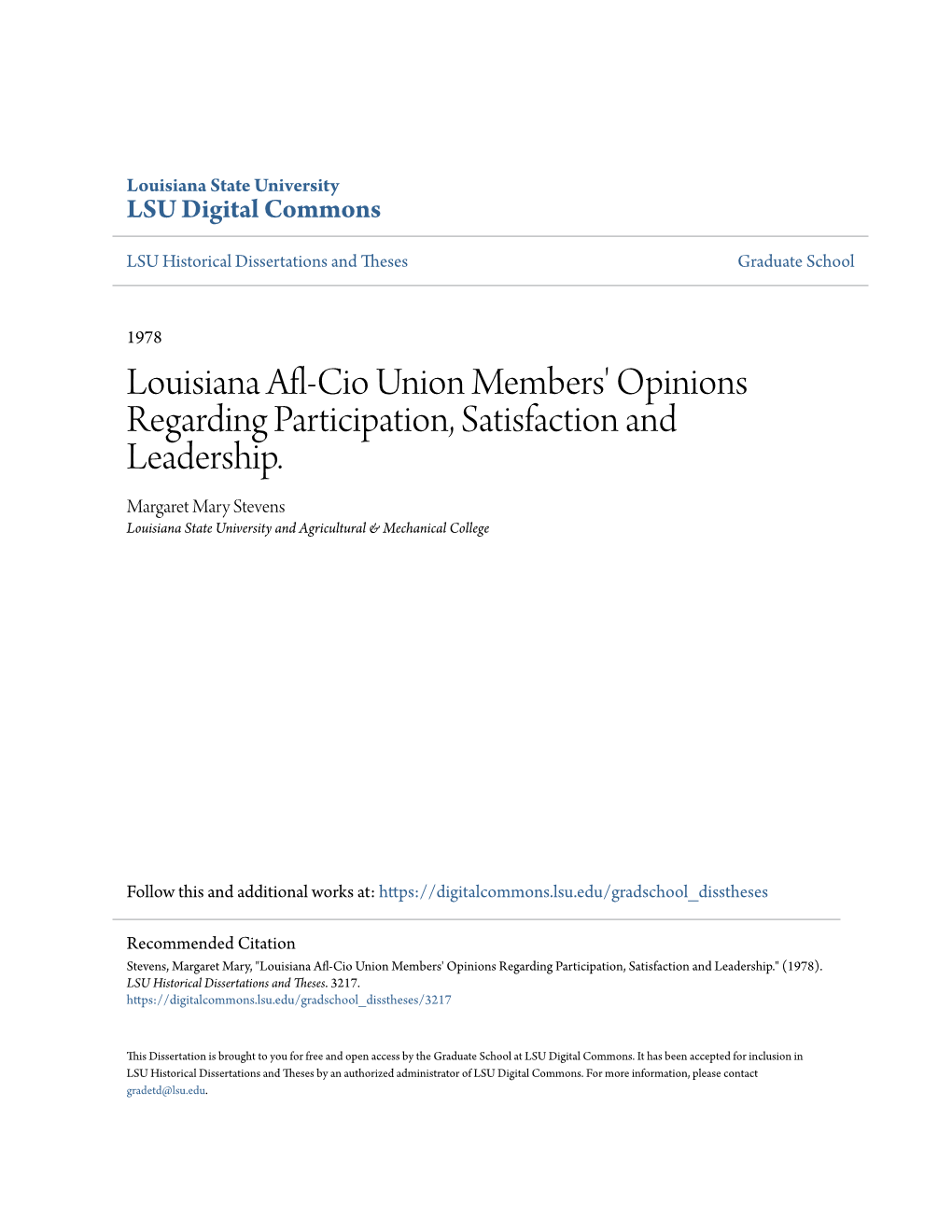 Louisiana Afl-Cio Union Members' Opinions Regarding Participation, Satisfaction and Leadership