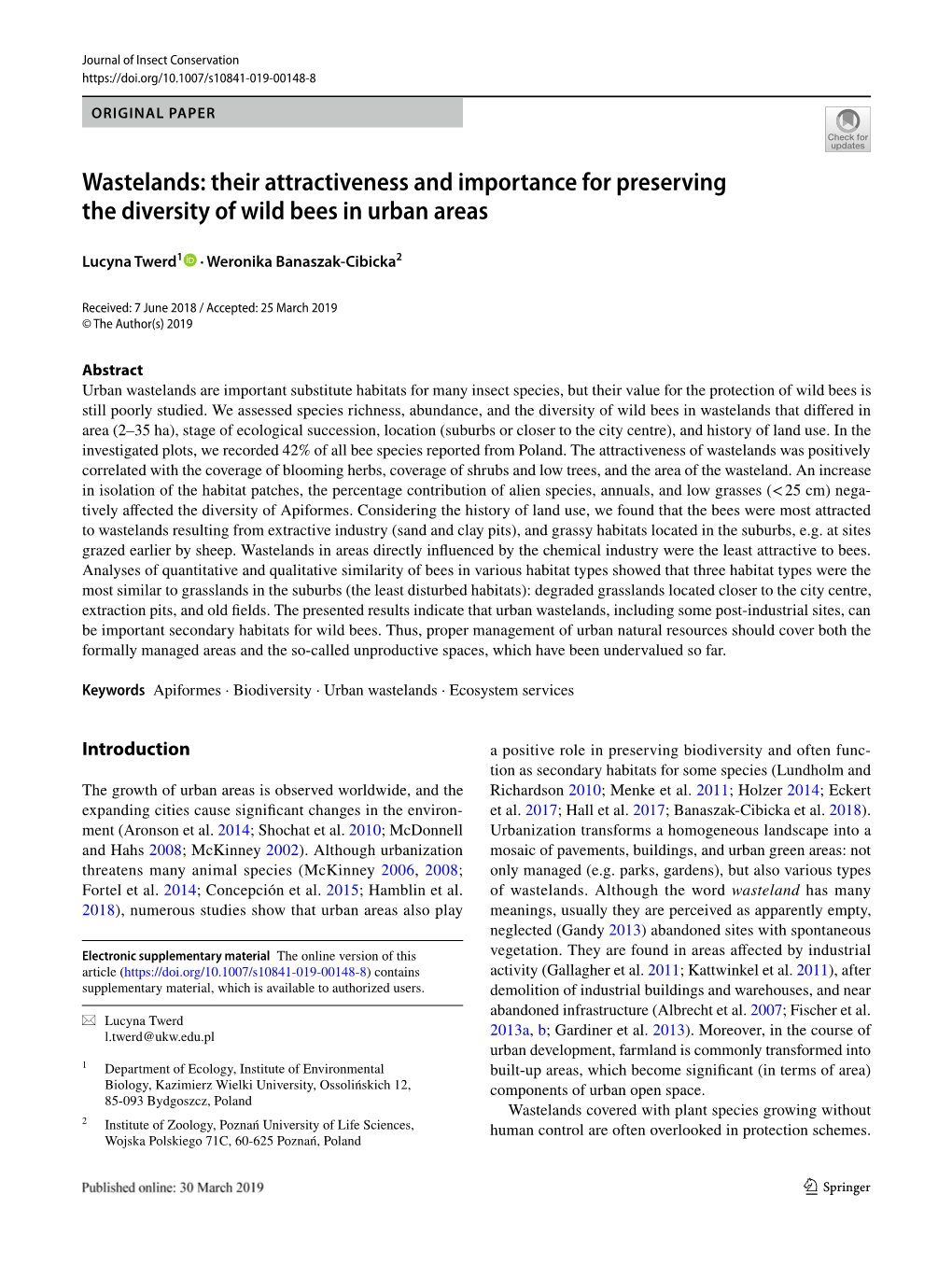 Wastelands: Their Attractiveness and Importance for Preserving the Diversity of Wild Bees in Urban Areas