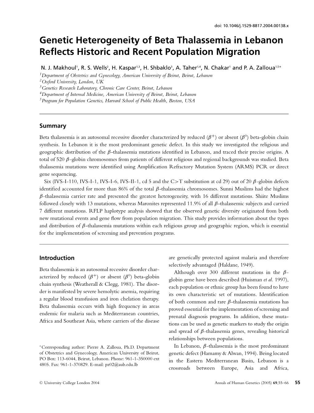 Genetic Heterogeneity of Beta Thalassemia in Lebanon Reflects