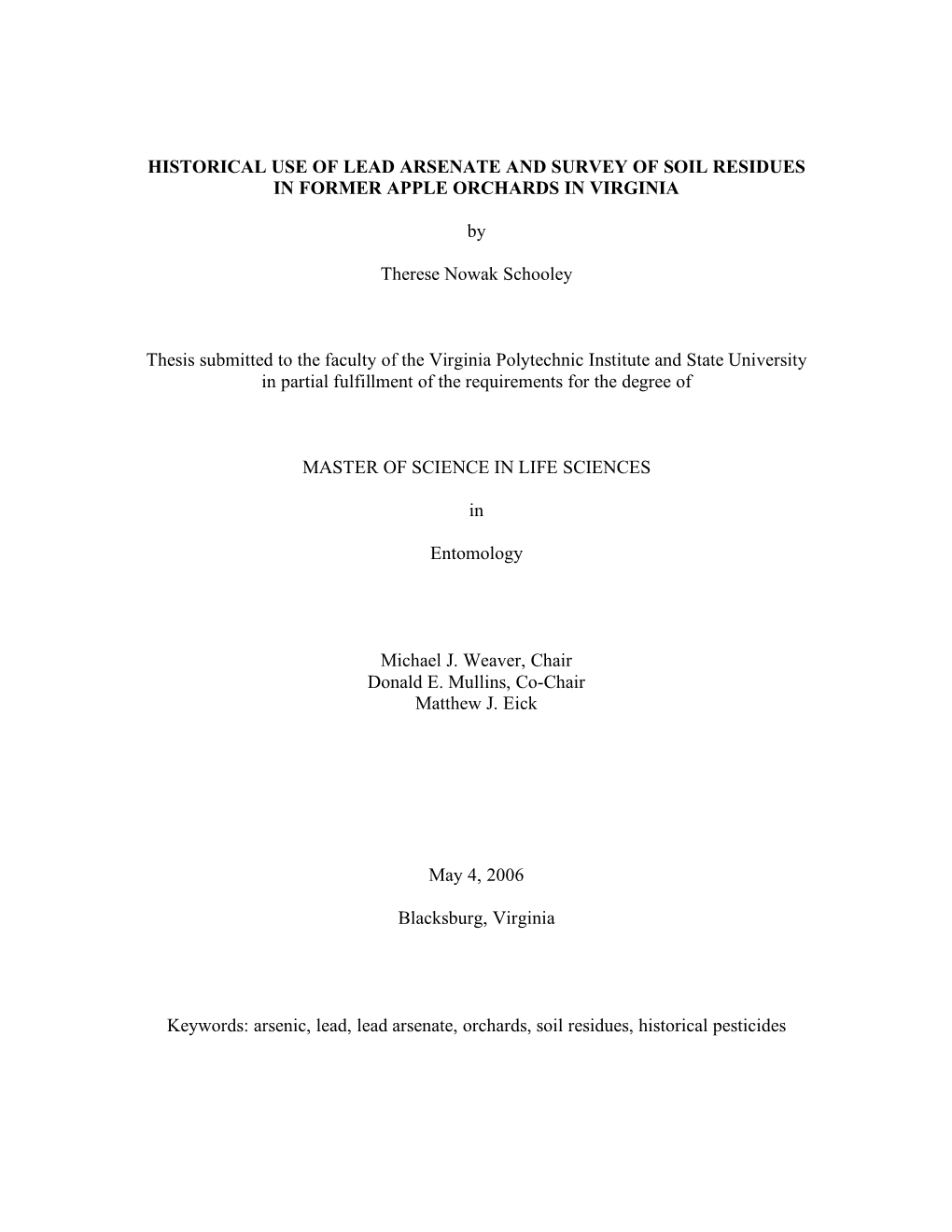 Historical Use of Lead Arsenate and Survey of Soil Residues in Former Apple Orchards in Virginia