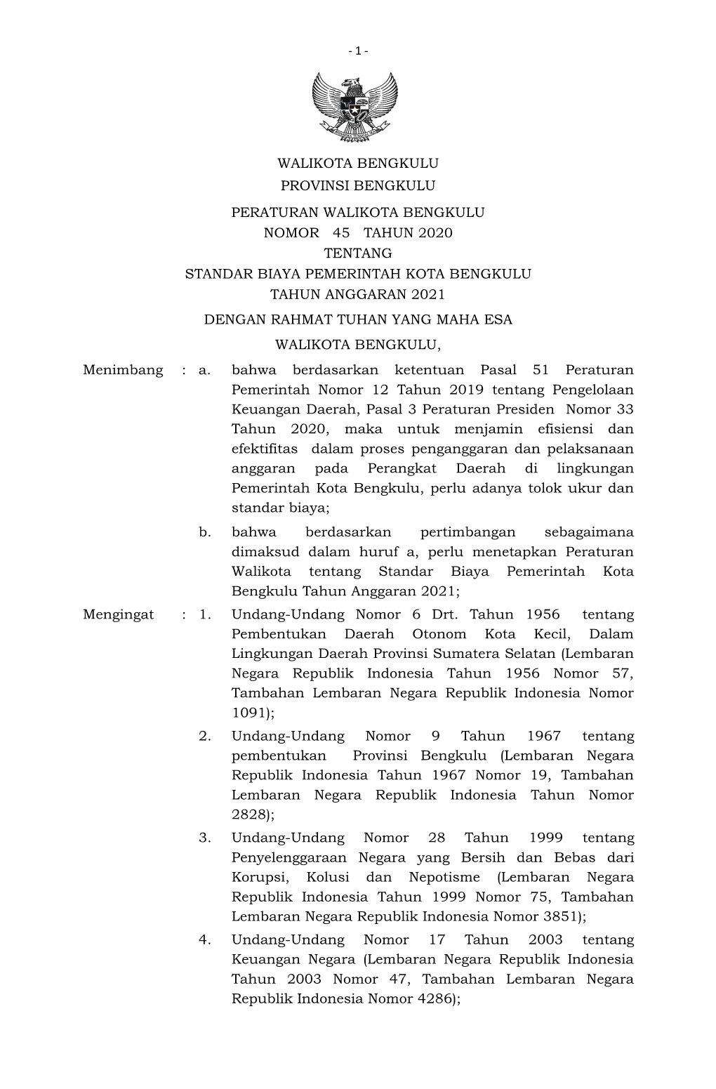 Walikota Bengkulu Provinsi Bengkulu Peraturan