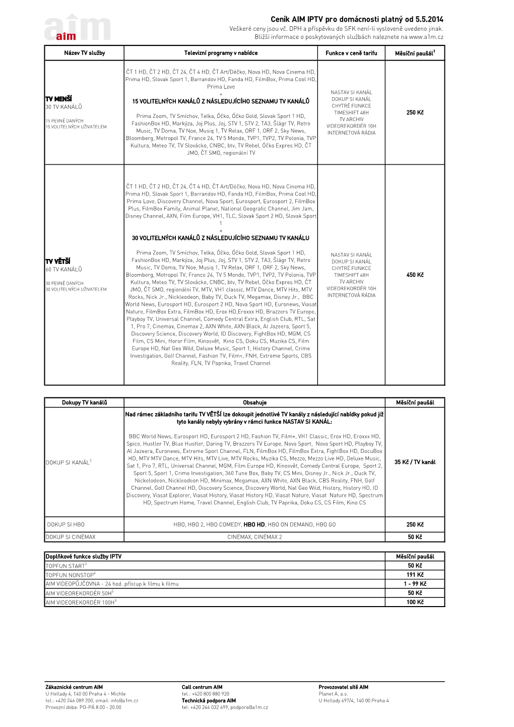 Ceník AIM IPTV Pro Domácnosti Platný Od 5.5.2014 Veškeré Ceny Jsou Vč