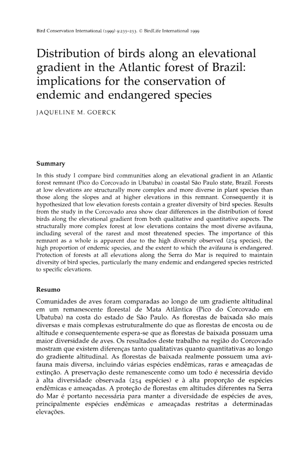 Distribution of Birds Along an Elevational Gradient in the Atlantic Forest of Brazil: Implications for the Conservation of Endemic and Endangered Species