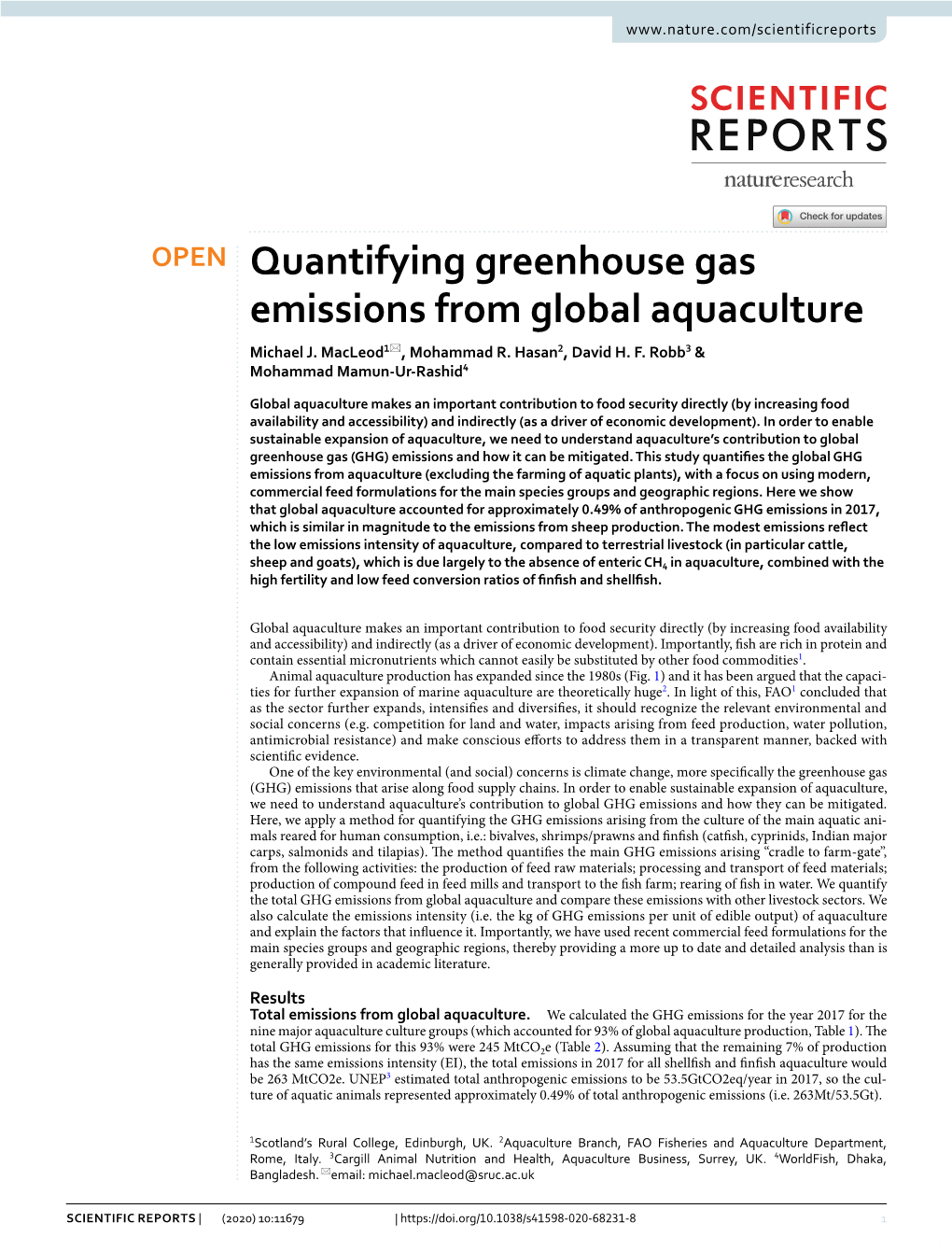 Quantifying Greenhouse Gas Emissions from Global Aquaculture Michael J