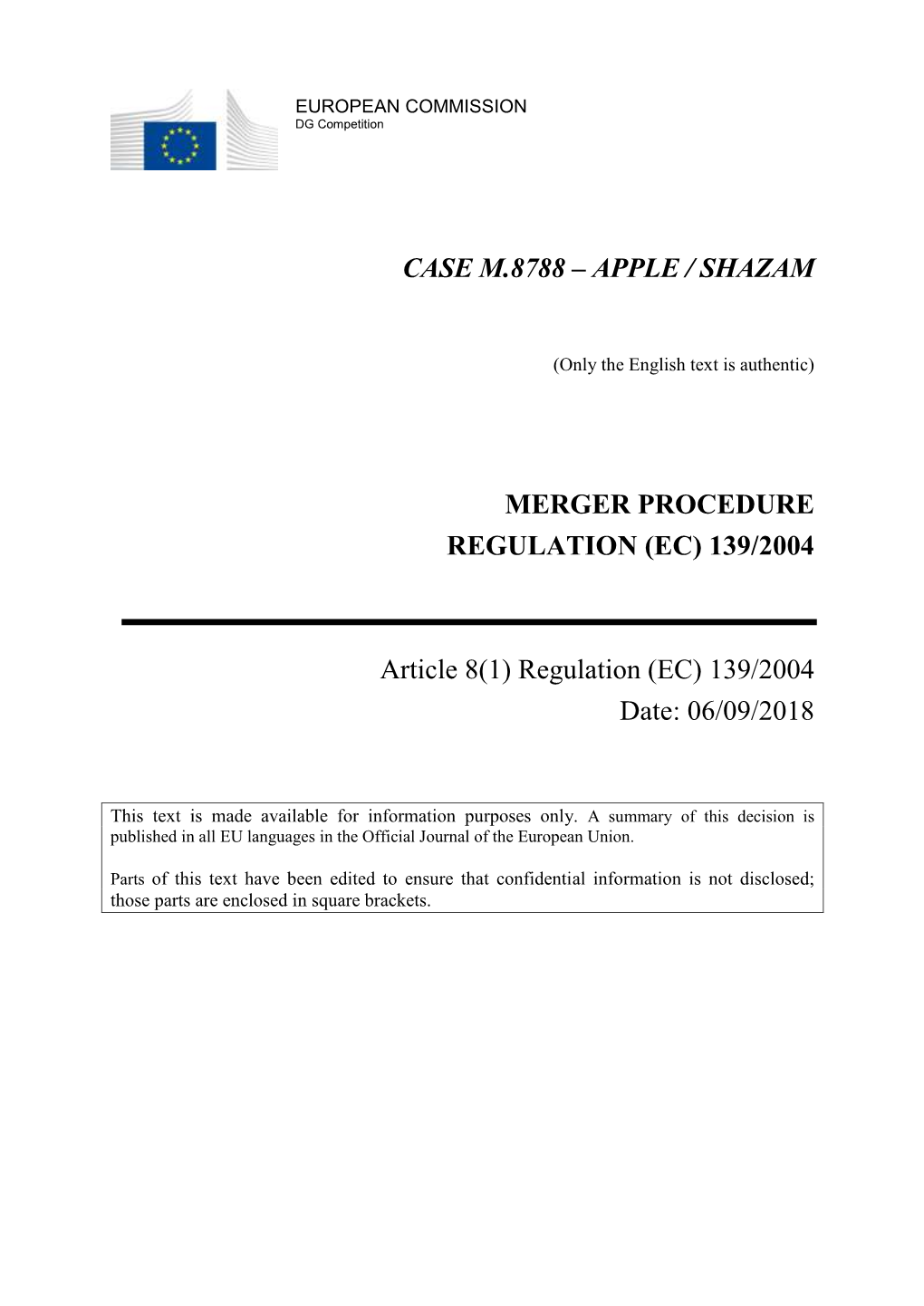 Apple / Shazam Merger Procedure Regulation (Ec)
