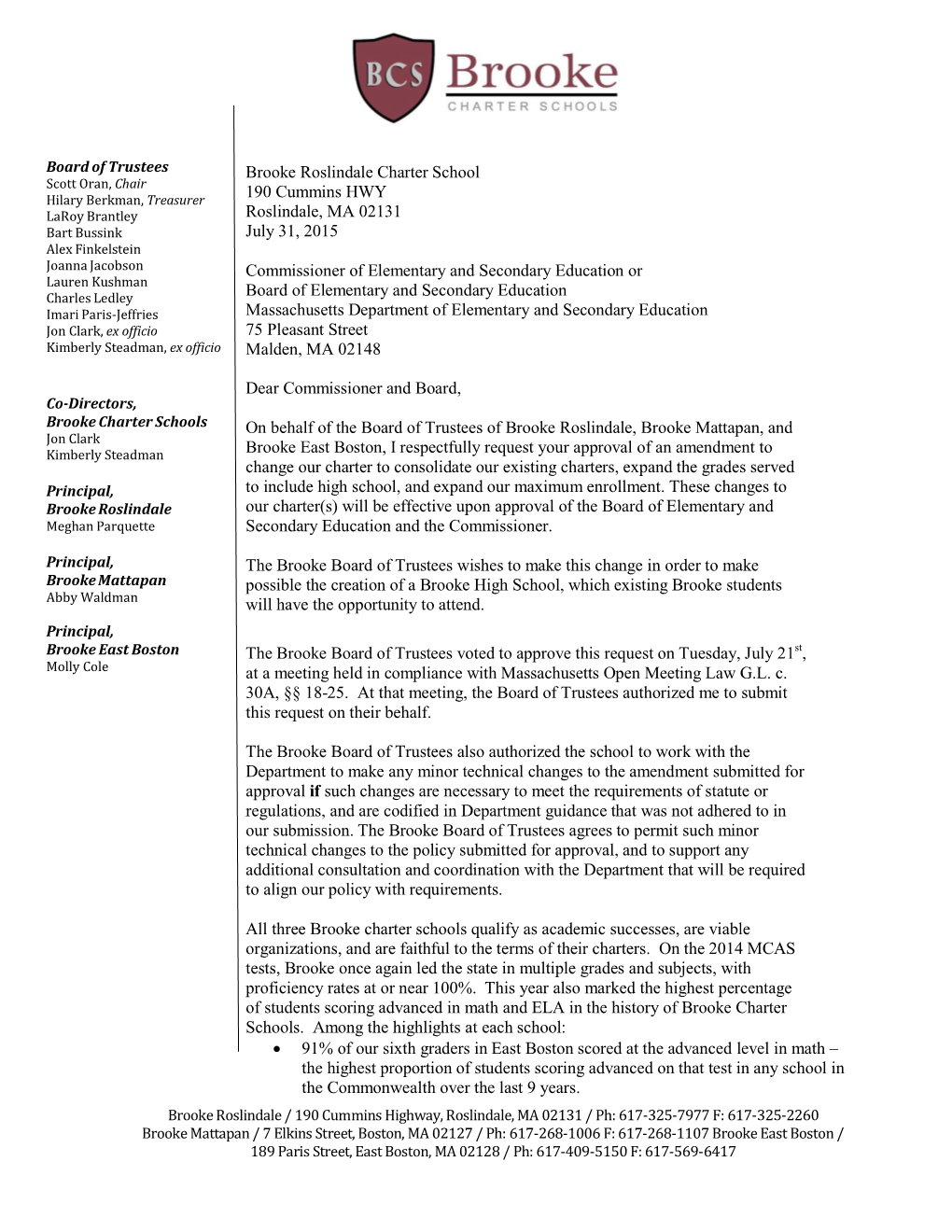 Brooke Charter Schools Amendment Request 2016