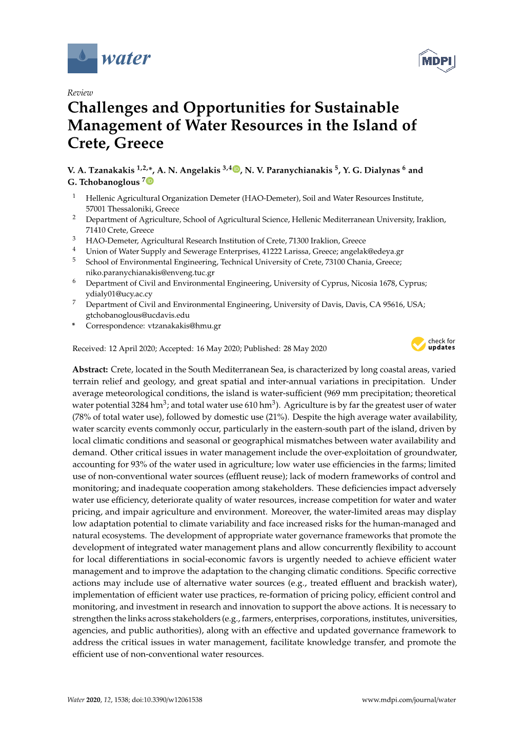 Challenges and Opportunities for Sustainable Management of Water Resources in the Island of Crete, Greece