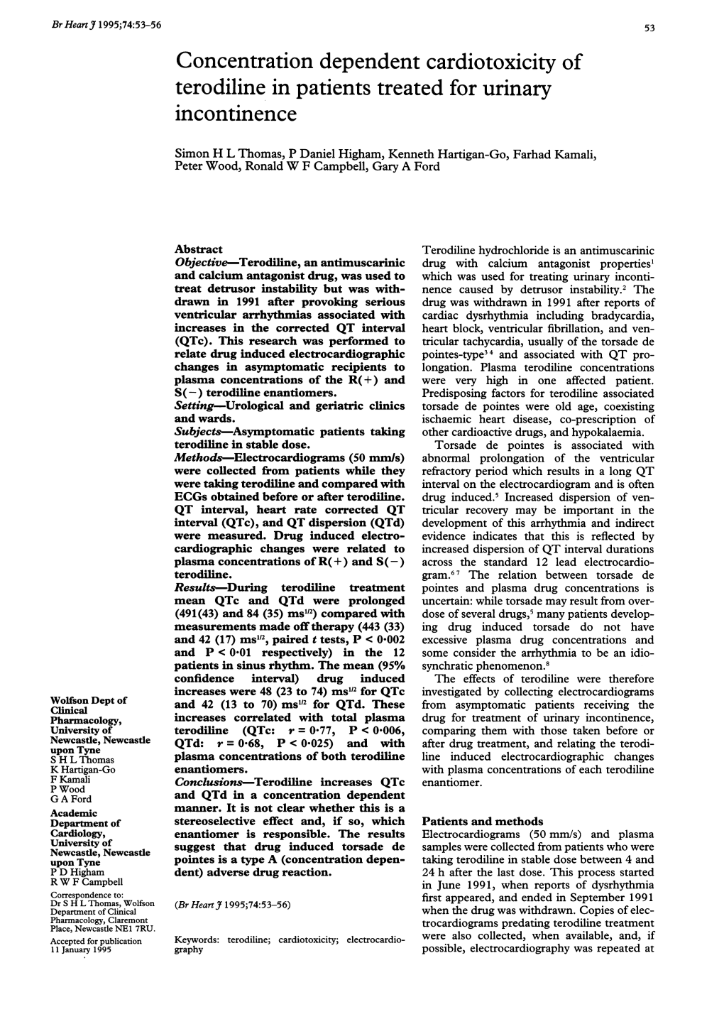 Concentration Dependent Cardiotoxicity of Terodiline in Patients Treated for Urinary Incontinence