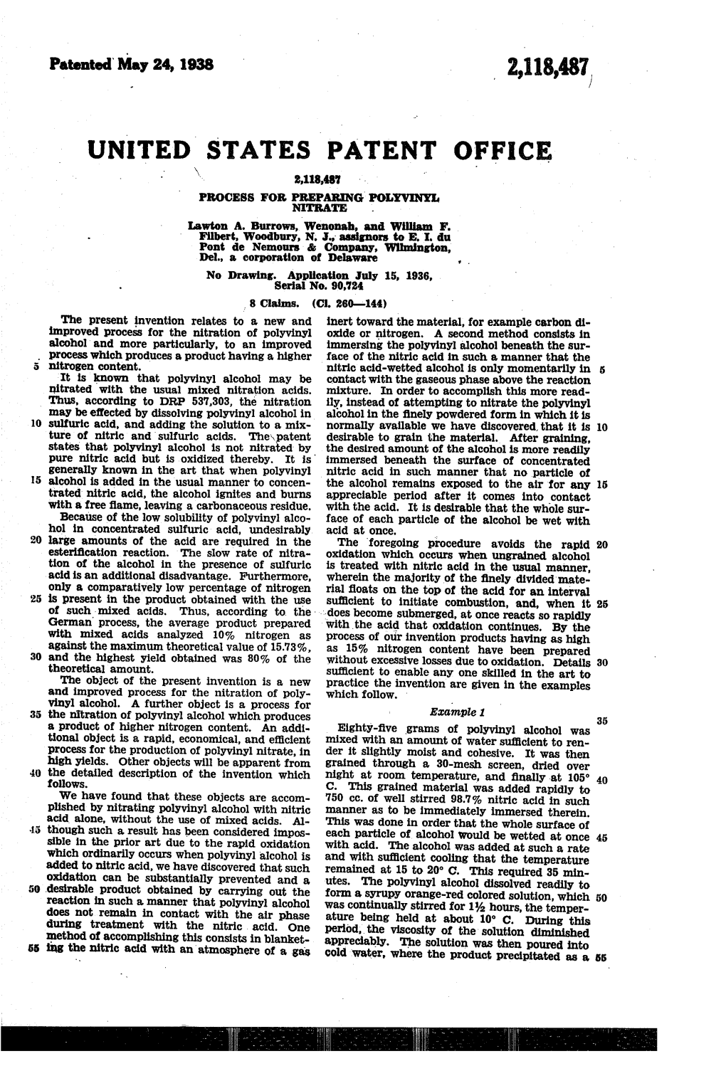 PATENT OFFICE 2,18,48 PROCESS for PREPARNG POLYVNY NTRATE Lawton A