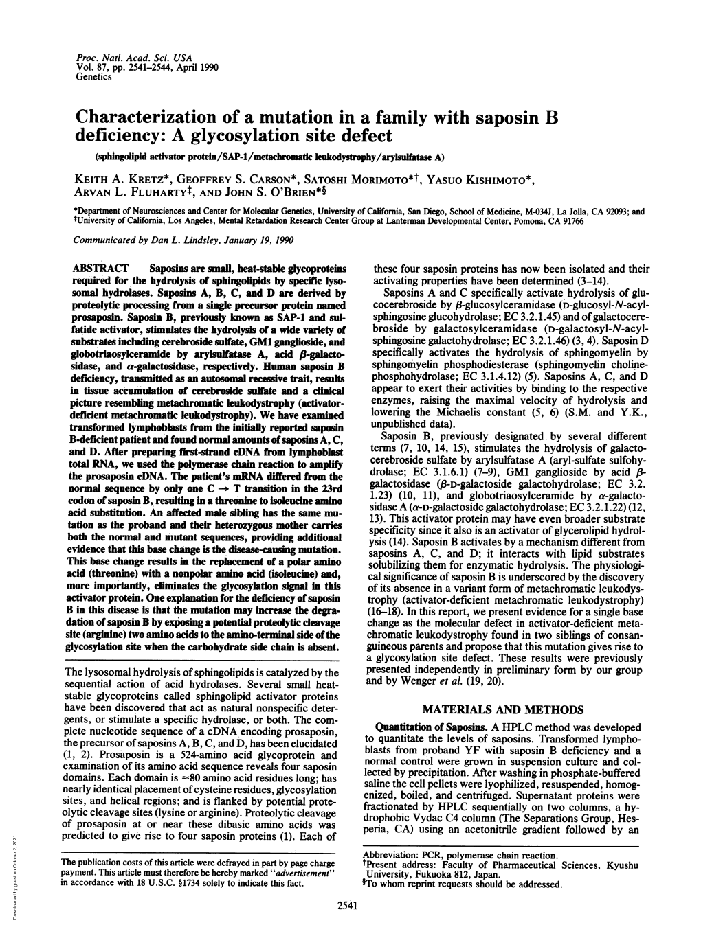 Characterization of a Mutation in a Family with Saposin B Deficiency