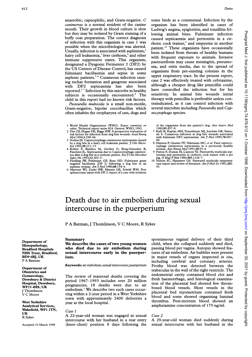 Death Due to Air Embolism During Sexual Intercourse in the Puerperium