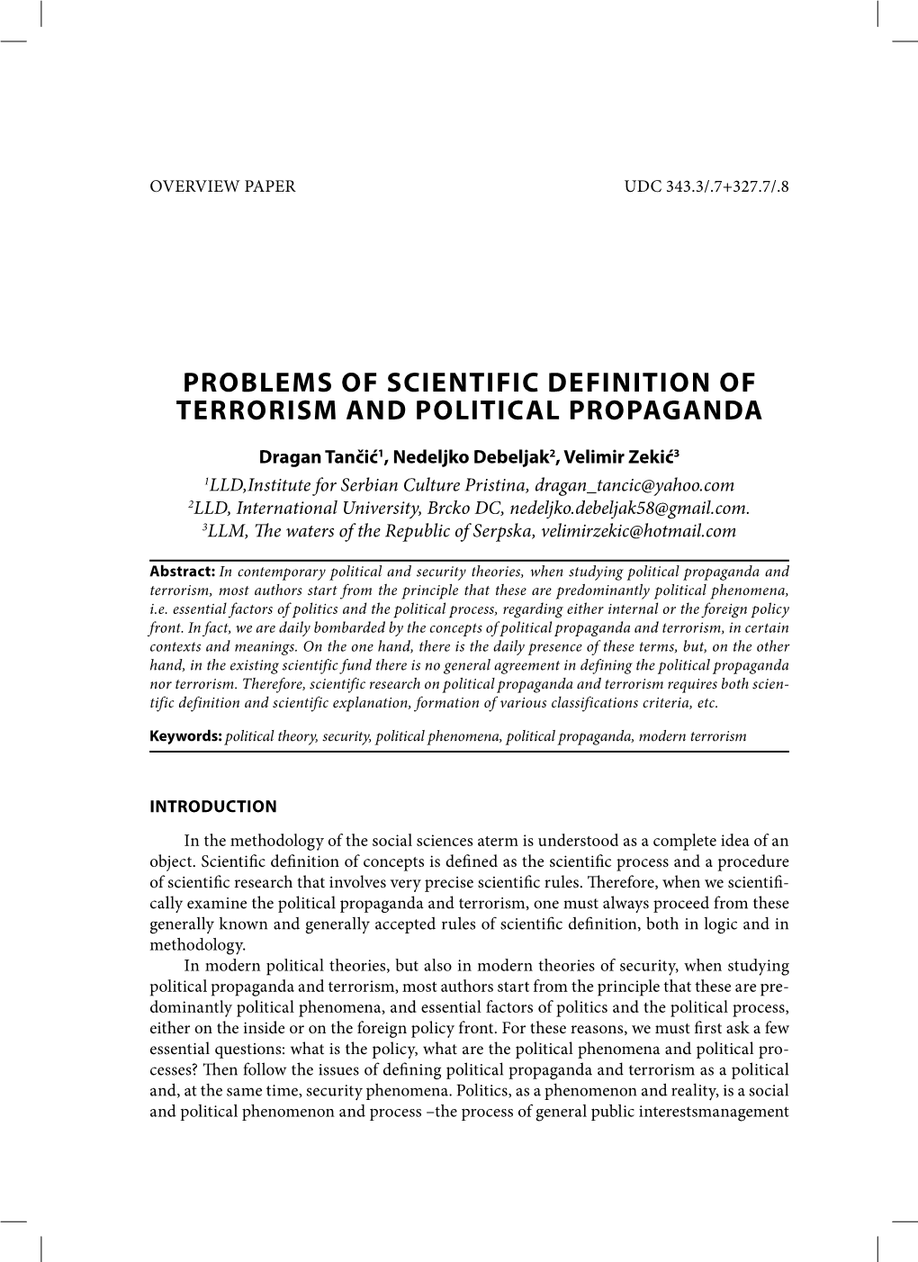 Problems of Scientific Definition of Terrorism and Political Propaganda