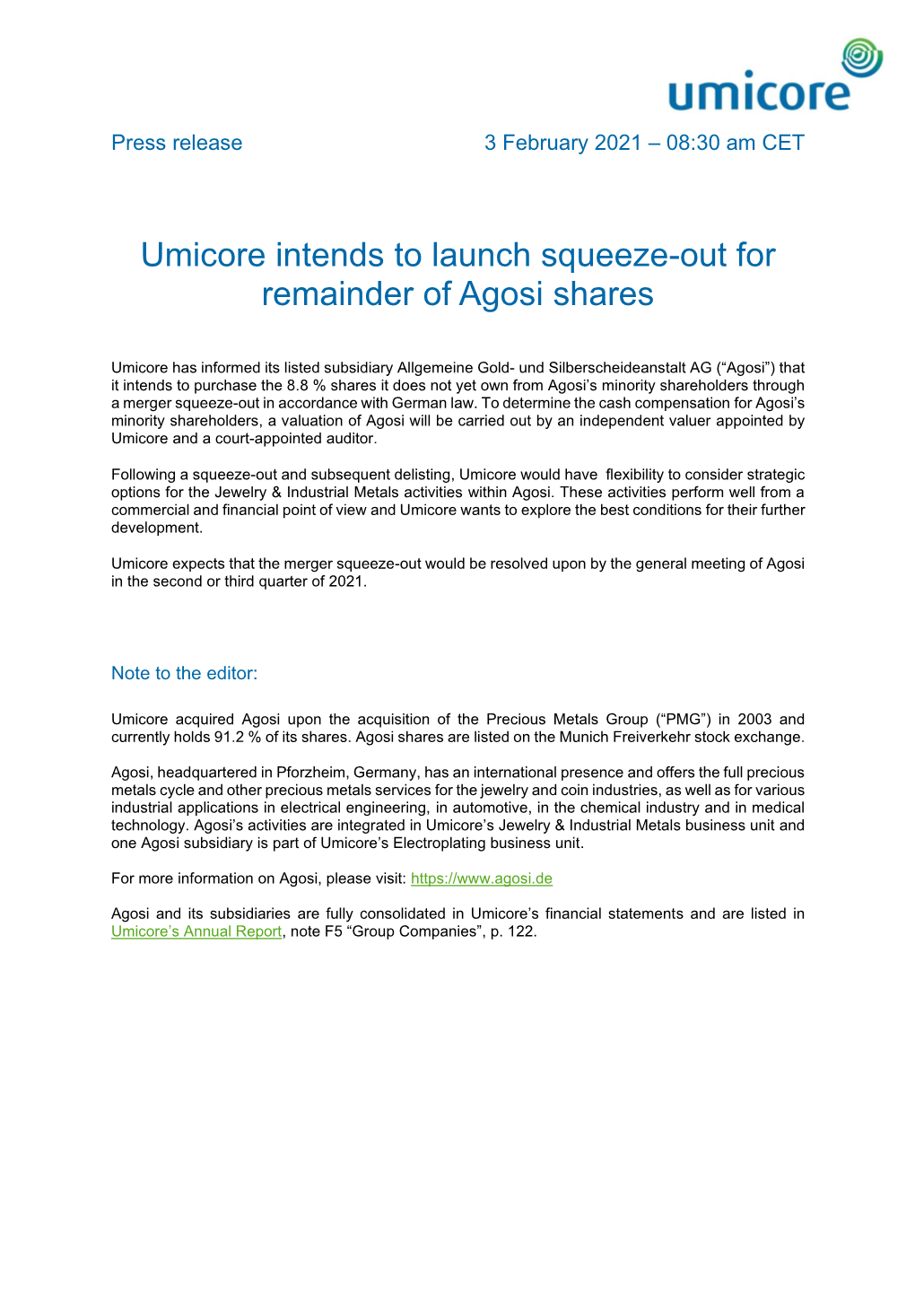 Umicore Intends to Launch Squeeze-Out for Remainder of Agosi