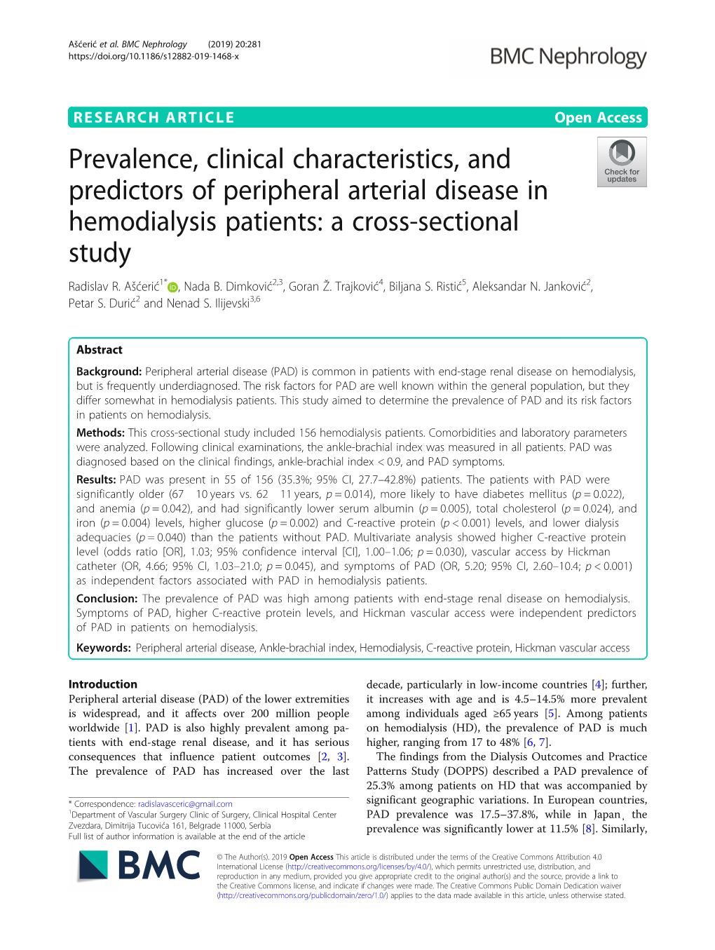 Prevalence, Clinical Characteristics, and Predictors of Peripheral Arterial Disease in Hemodialysis Patients: a Cross-Sectional Study Radislav R