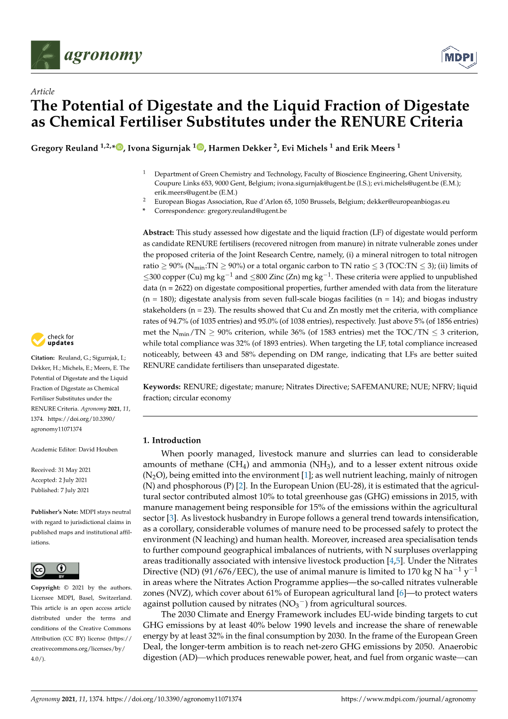 The Potential of Digestate and the Liquid Fraction of Digestate As Chemical Fertiliser Substitutes Under the RENURE Criteria