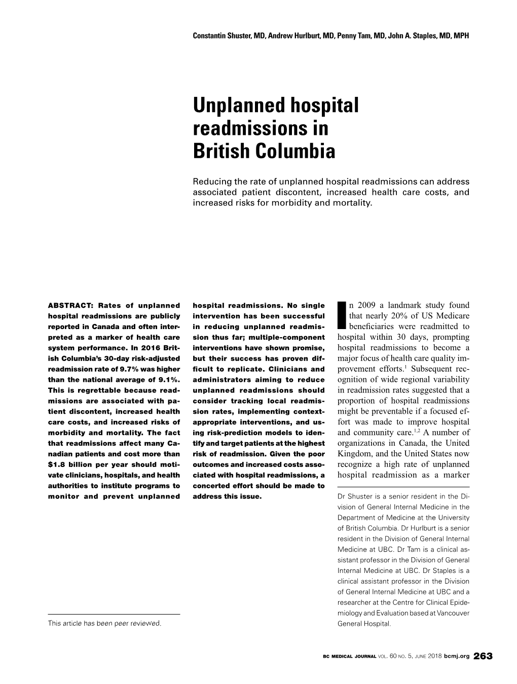 Unplanned Hospital Readmissions in British Columbia
