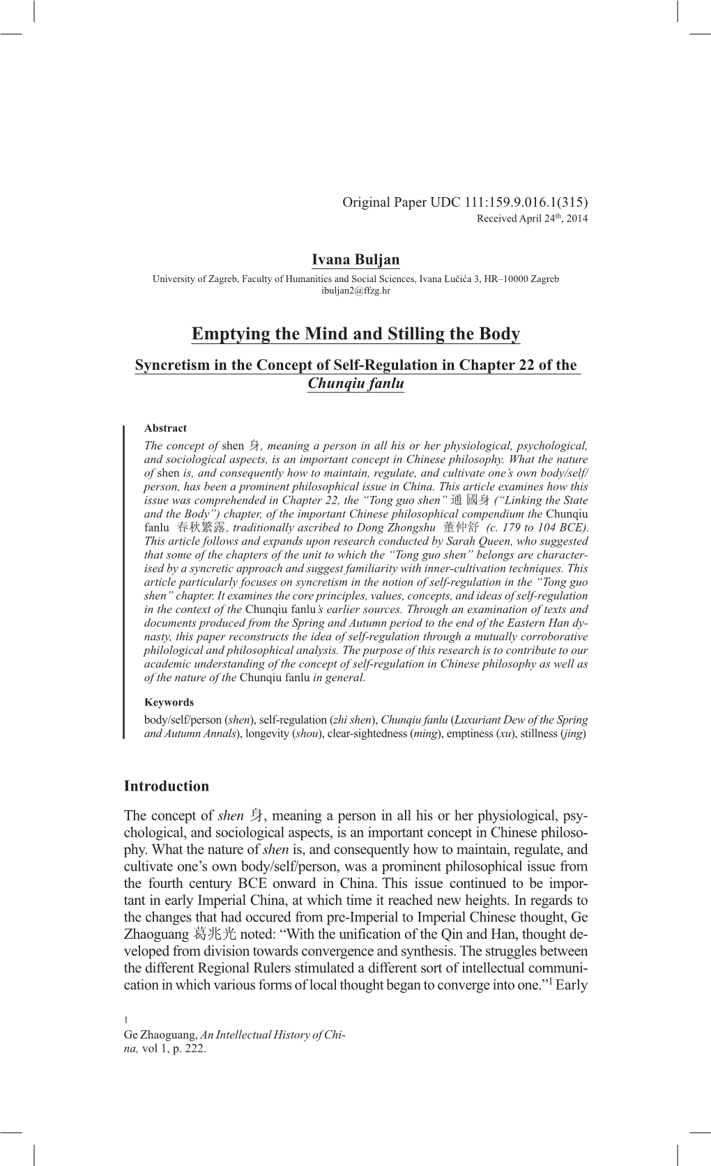 Emptying the Mind and Stilling the Body Syncretism in the Concept of Self-Regulation in Chapter 22 of the Chunqiu Fanlu