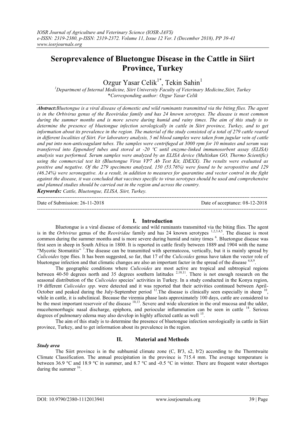 Seroprevalence of Bluetongue Disease in the Cattle in Siirt Province, Turkey