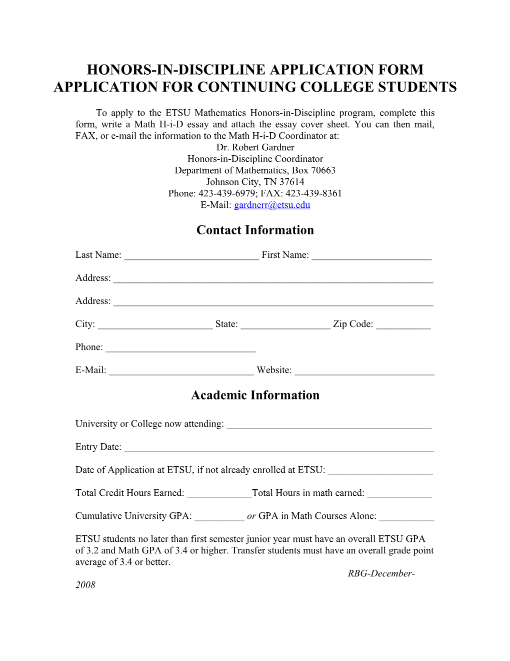 Honors-In-Discipline Application Form