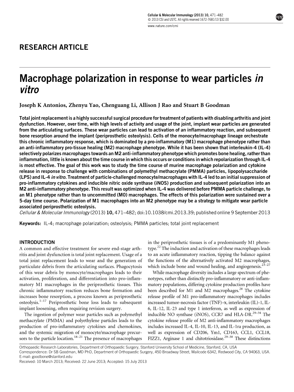 Macrophage Polarization in Response to Wear Particles in Vitro