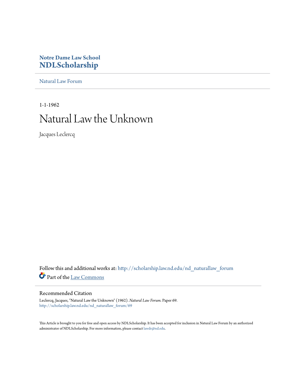 Natural Law the Unknown Jacques Leclercq