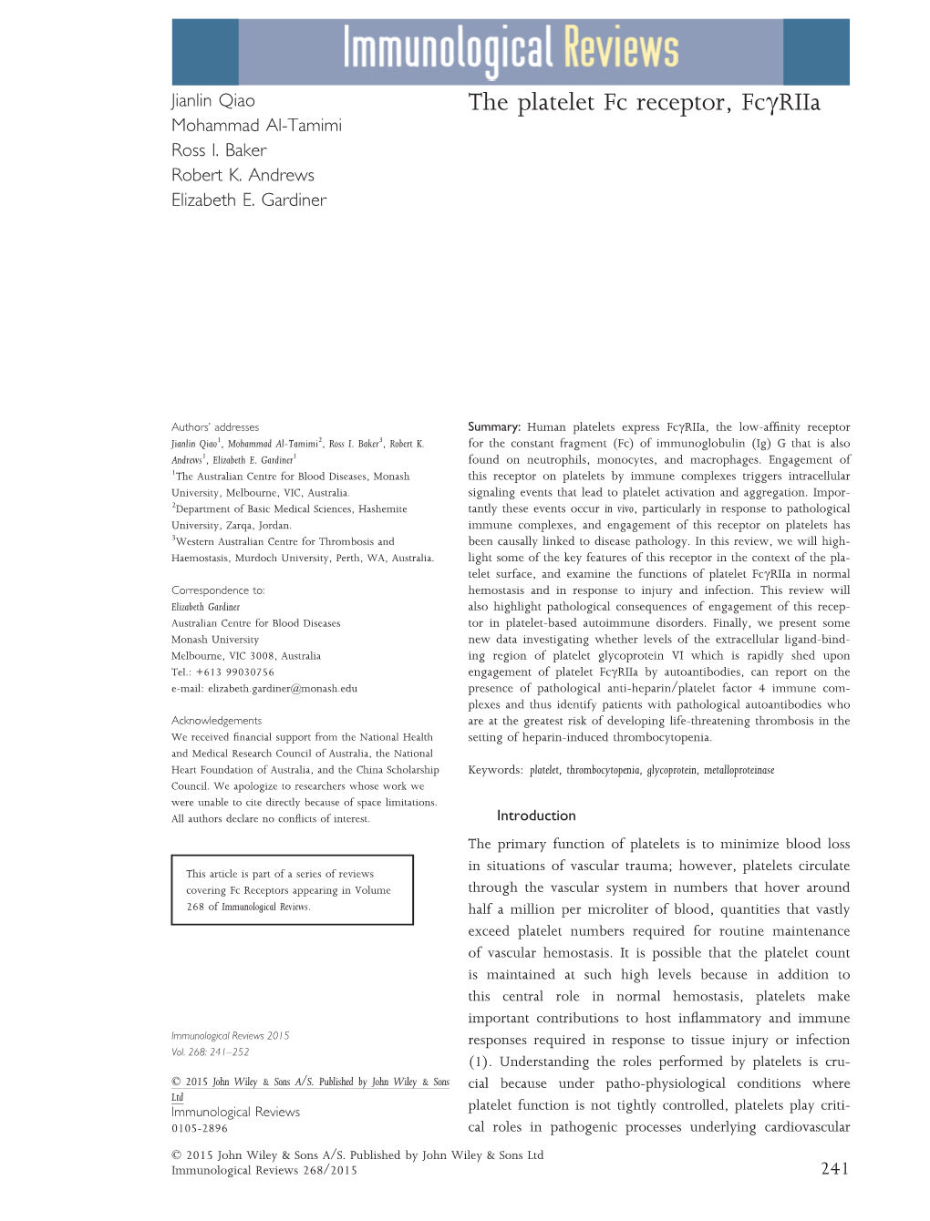 The Platelet Fc Receptor, Fc&#X03b3