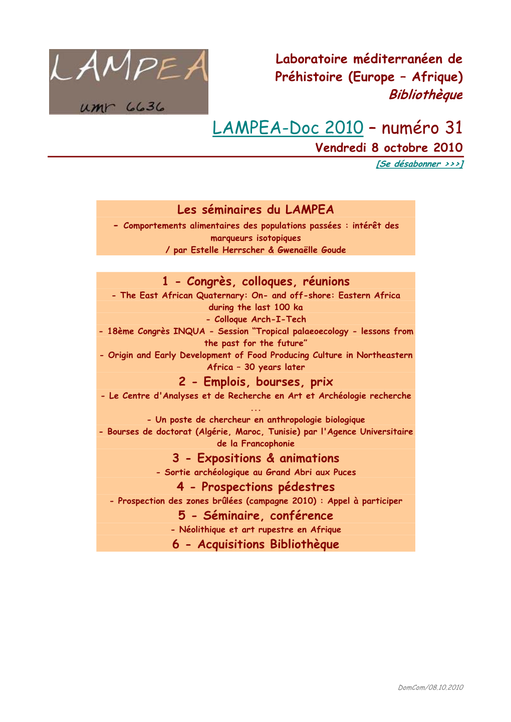 LAMPEA-Doc 2010 – Numéro 31 Vendredi 8 Octobre 2010 [Se Désabonner >>>]