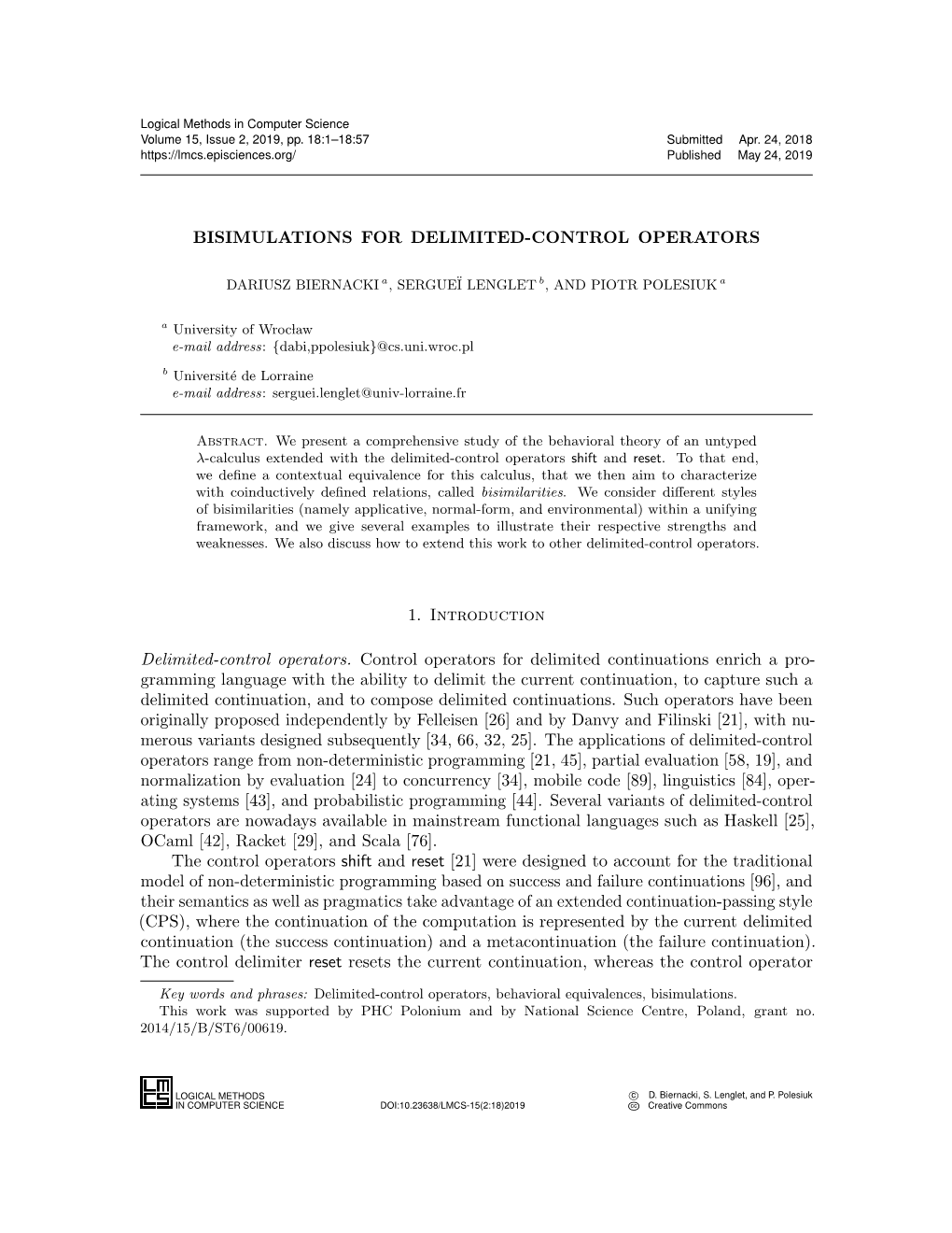 Bisimulations for Delimited-Control Operators