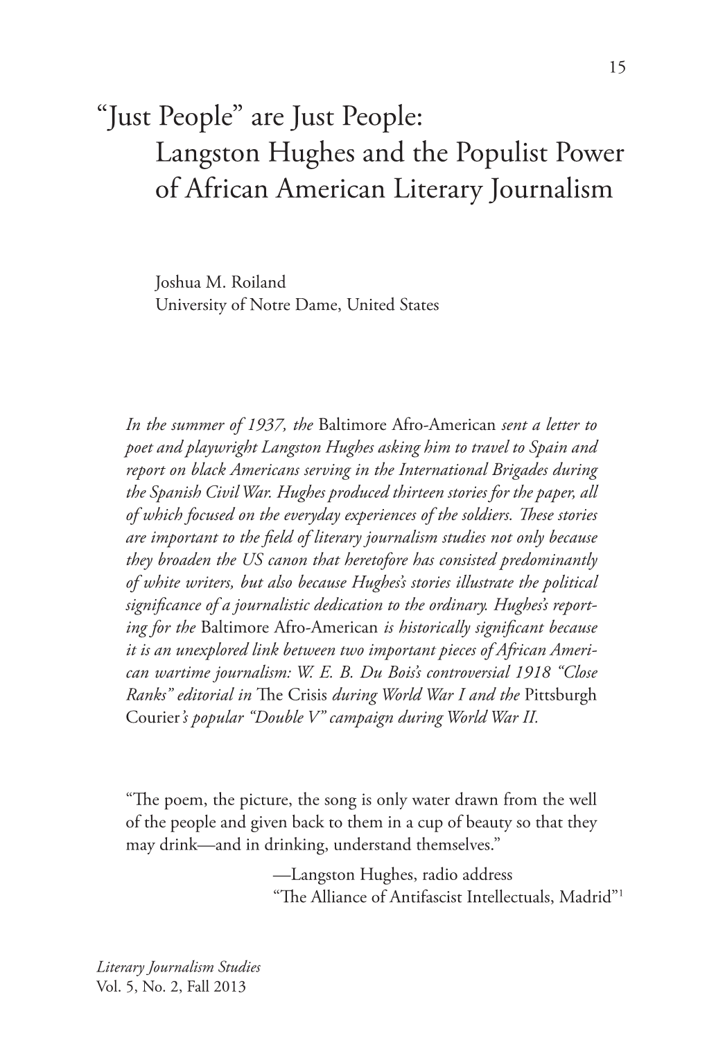 Are Just People: Langston Hughes and the Populist Power of African American Literary Journalism