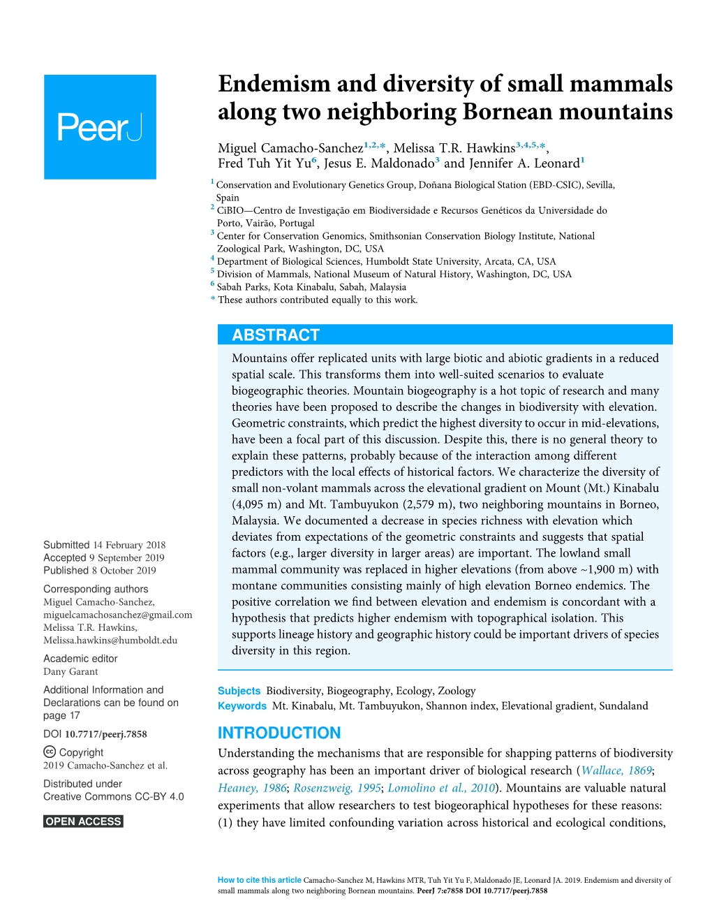 Endemism and Diversity of Small Mammals Along Two Neighboring Bornean Mountains