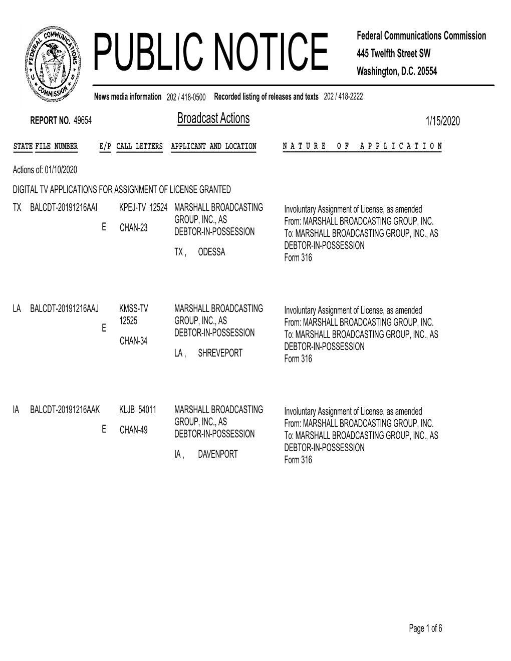 Broadcast Actions 1/15/2020