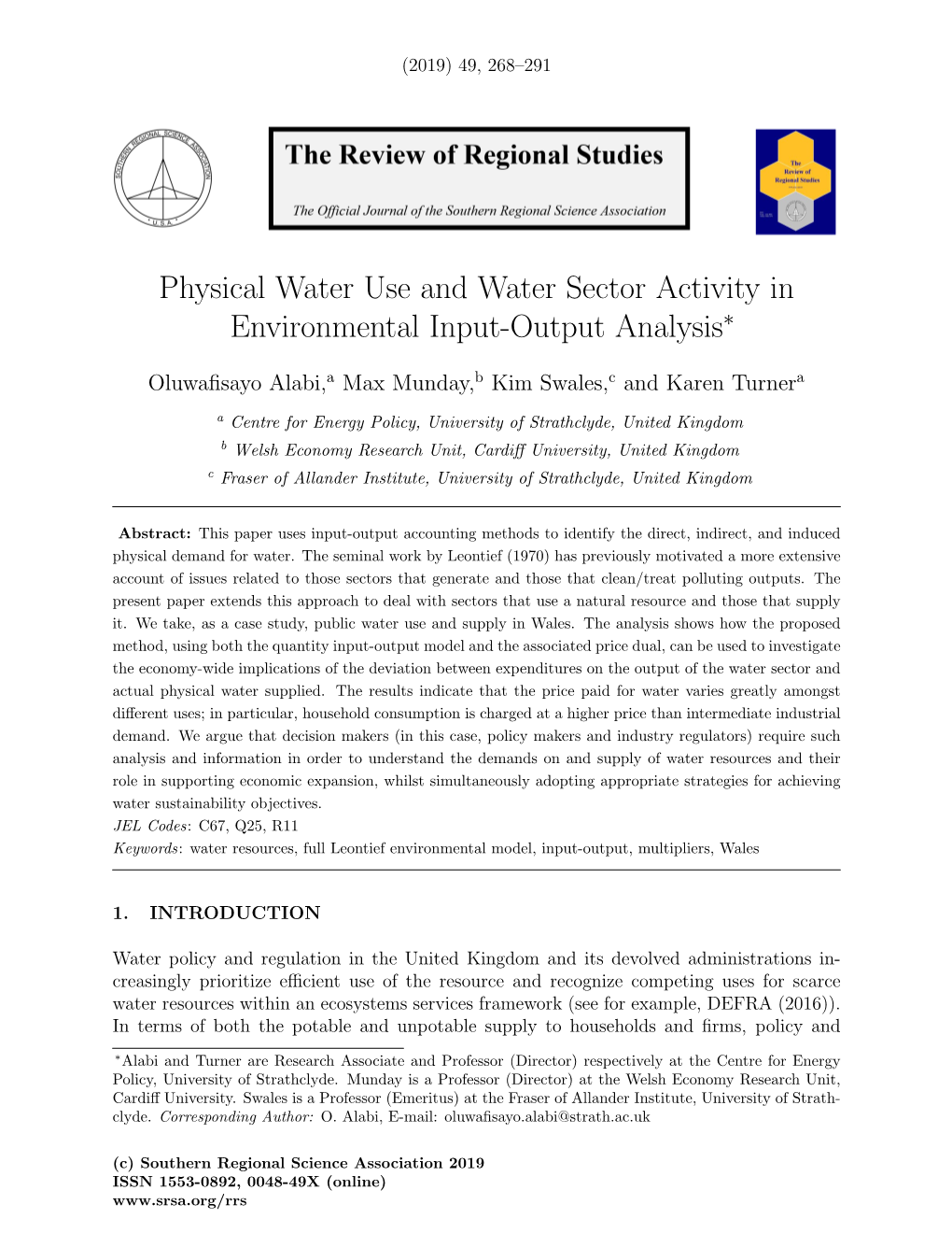 Physical Water Use and Water Sector Activity in Environmental Input-Output Analysis∗