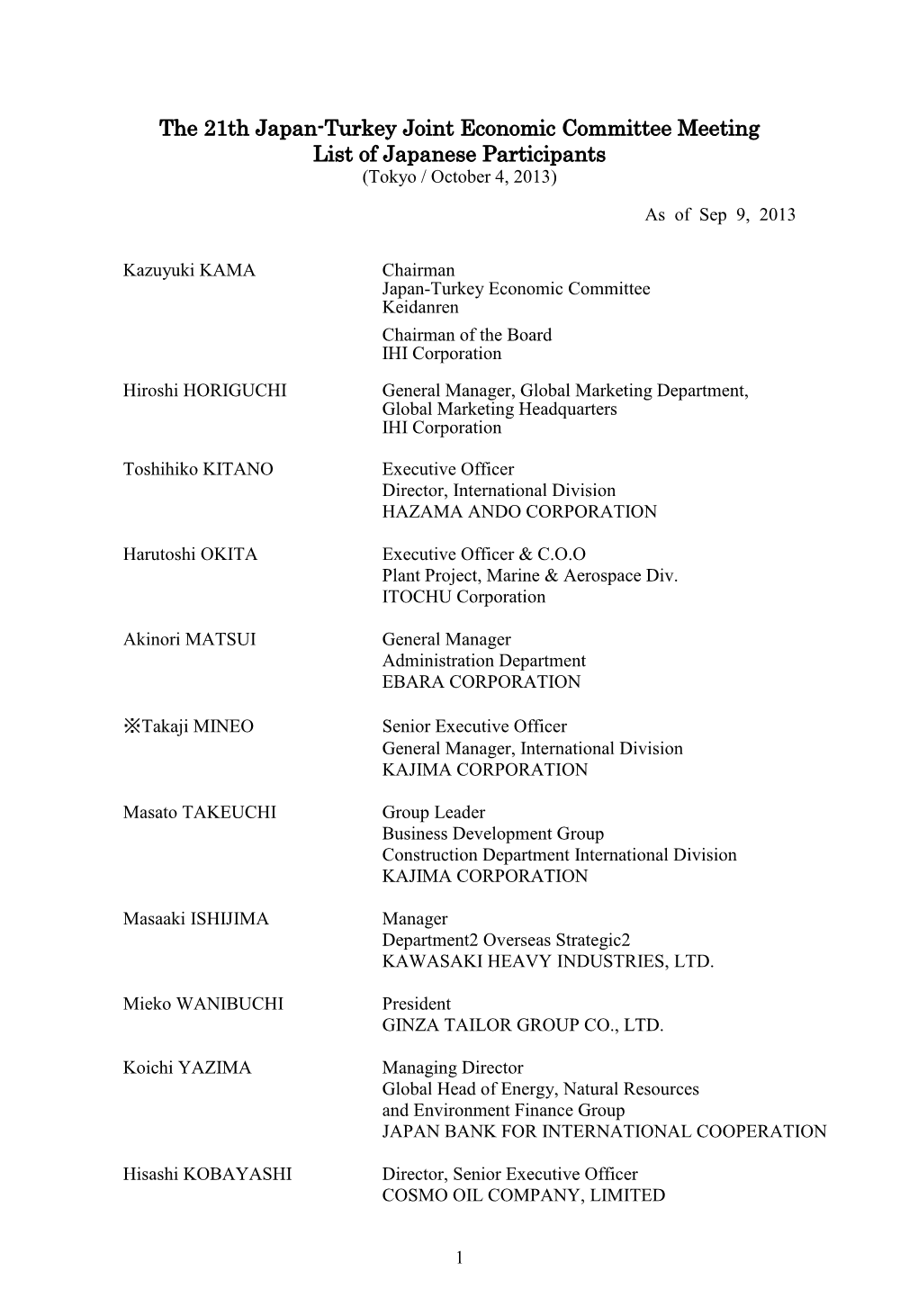 The 21Th Japan-Turkey Joint Economic Committee Meeting List of Japanese Participants (Tokyo / October 4, 2013)