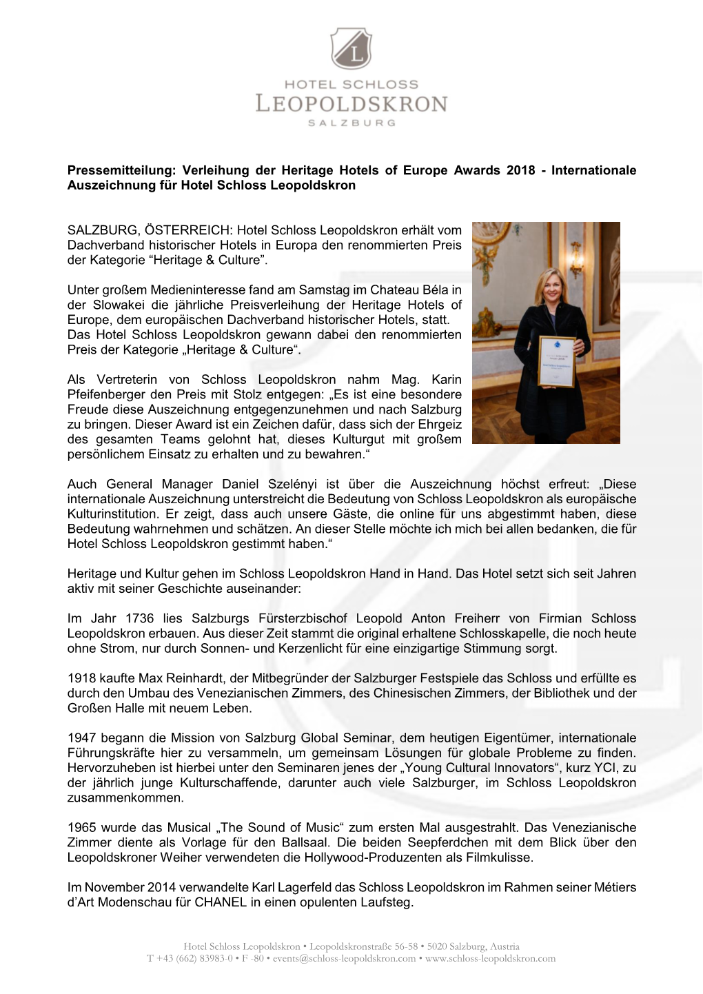 Verleihung Der Heritage Hotels of Europe Awards 2018 - Internationale Auszeichnung Für Hotel Schloss Leopoldskron